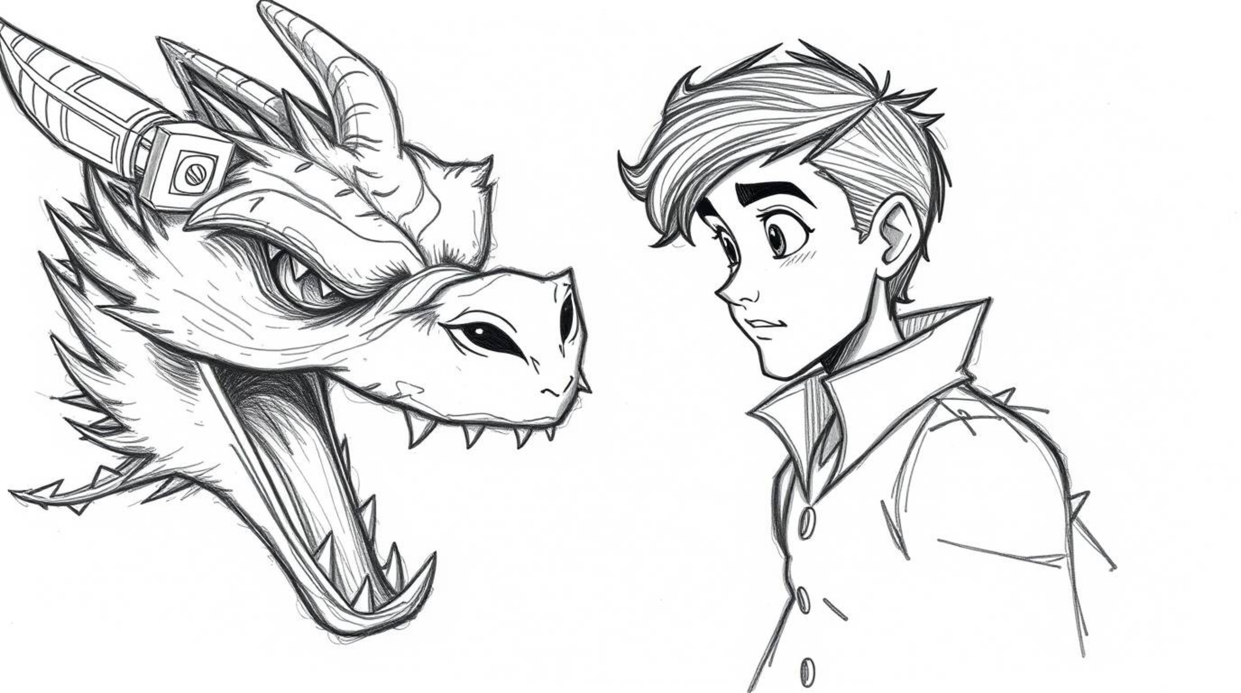 A captivating hand-drawn sketch depicting a charming prince battling a fearsome dragon in a dramatic, high-contrast scene.  R