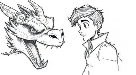 A captivating hand-drawn sketch depicting a charming prince battling a fearsome dragon in a dramatic, high-contrast scene. R