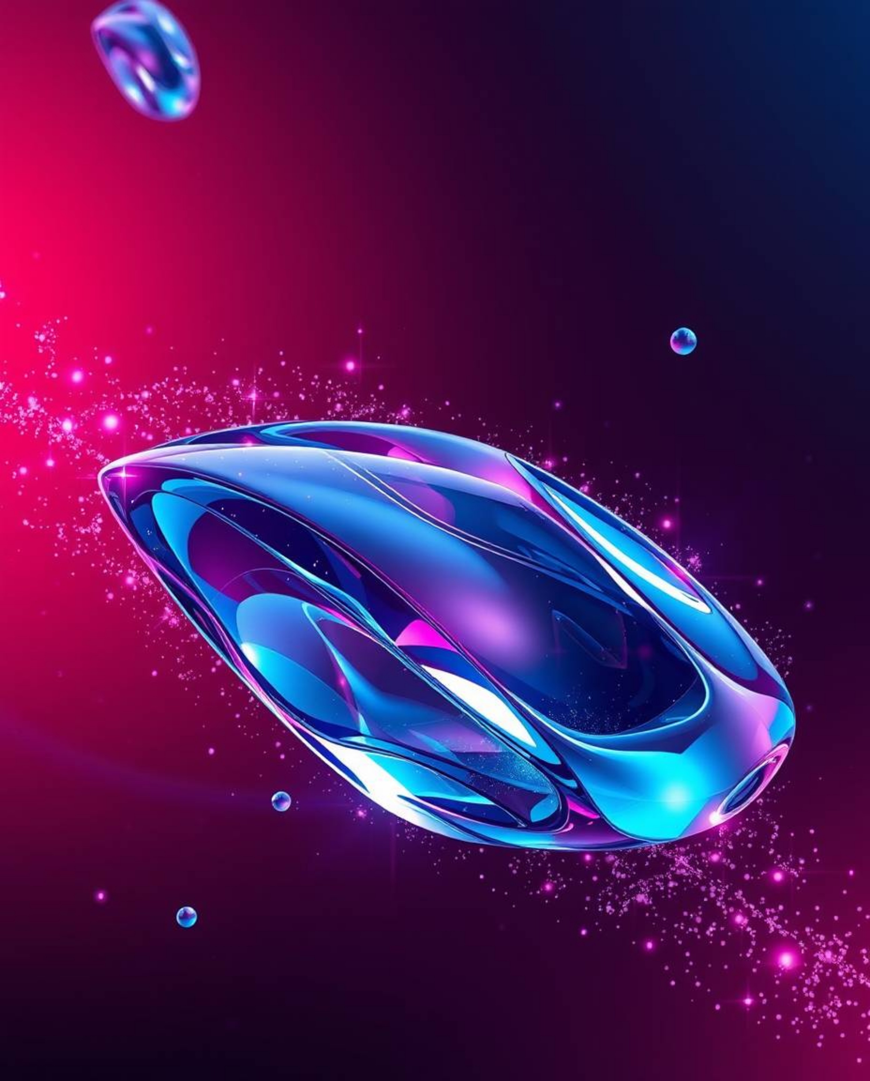 Immerse yourself in a futuristic, sci-fi aesthetic defined by rich burgundy and deep blue hues. Glassy, fluid 3D shapes are i