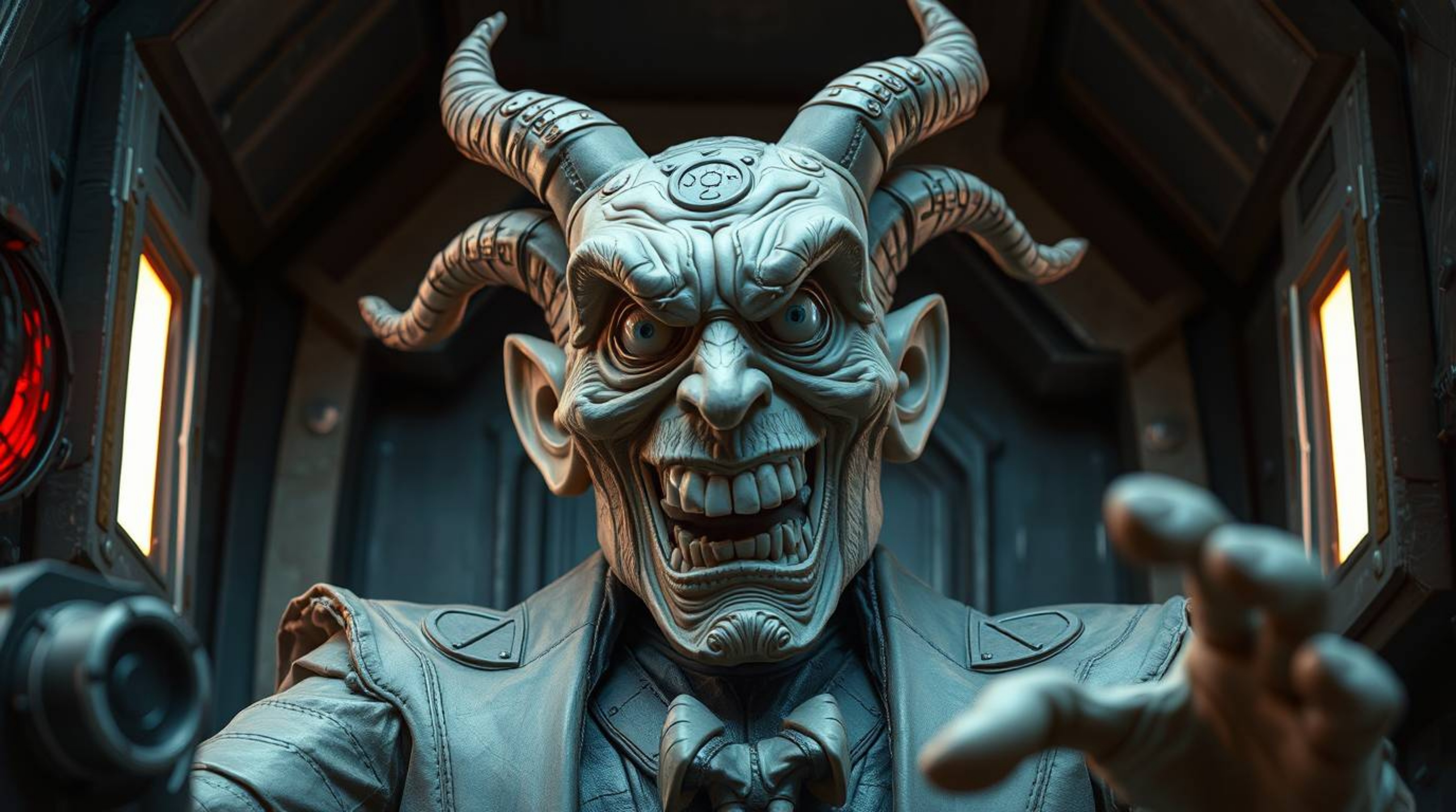 A sculpted papier-mâché villain, intricately detailed with textured layers, hilariously experiences a breakdown inside a high