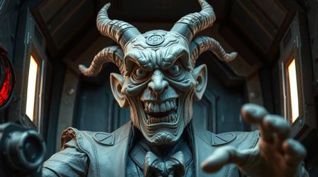 A sculpted papier-mâché villain, intricately detailed with textured layers, hilariously experiences a breakdown inside a high