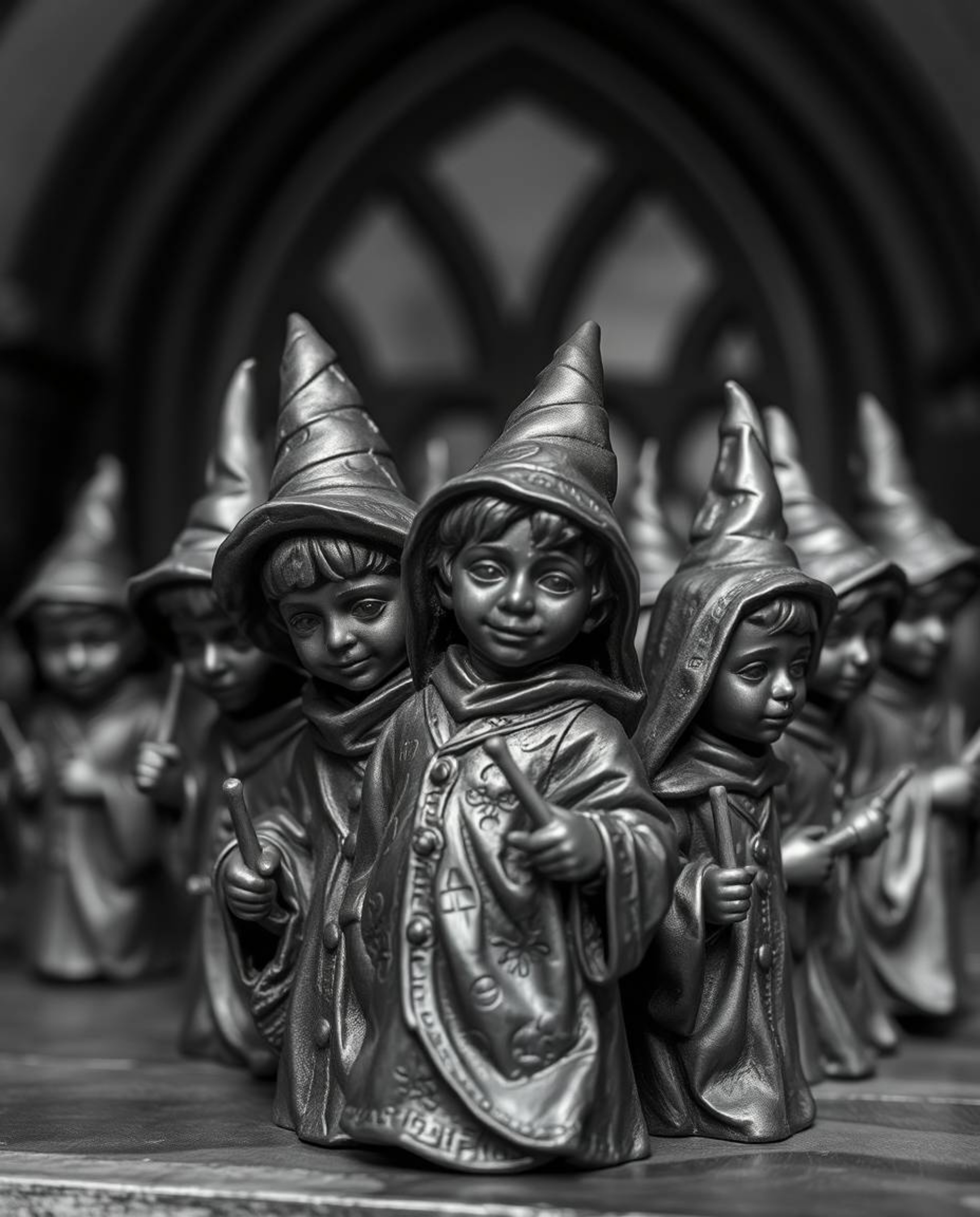 A captivating black and white image depicting a magical school filled with young wizards, rendered in bronze with an antique 