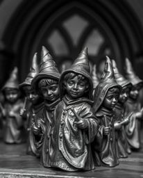 A captivating black and white image depicting a magical school filled with young wizards, rendered in bronze with an antique 