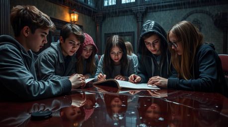 A captivating photograph capturing the eerie atmosphere of a group of teenagers immersed in solving mysteries within a haunte