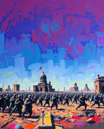 This stunning acrylic painting depicts a chaotic battlefield filled with time-warped soldiers and decaying architecture. The 