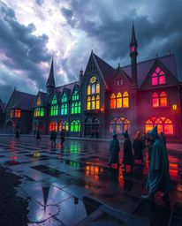 Experience the awe-inspiring sight of a magical school teeming with young wizards, where iridescent colors dance under intens