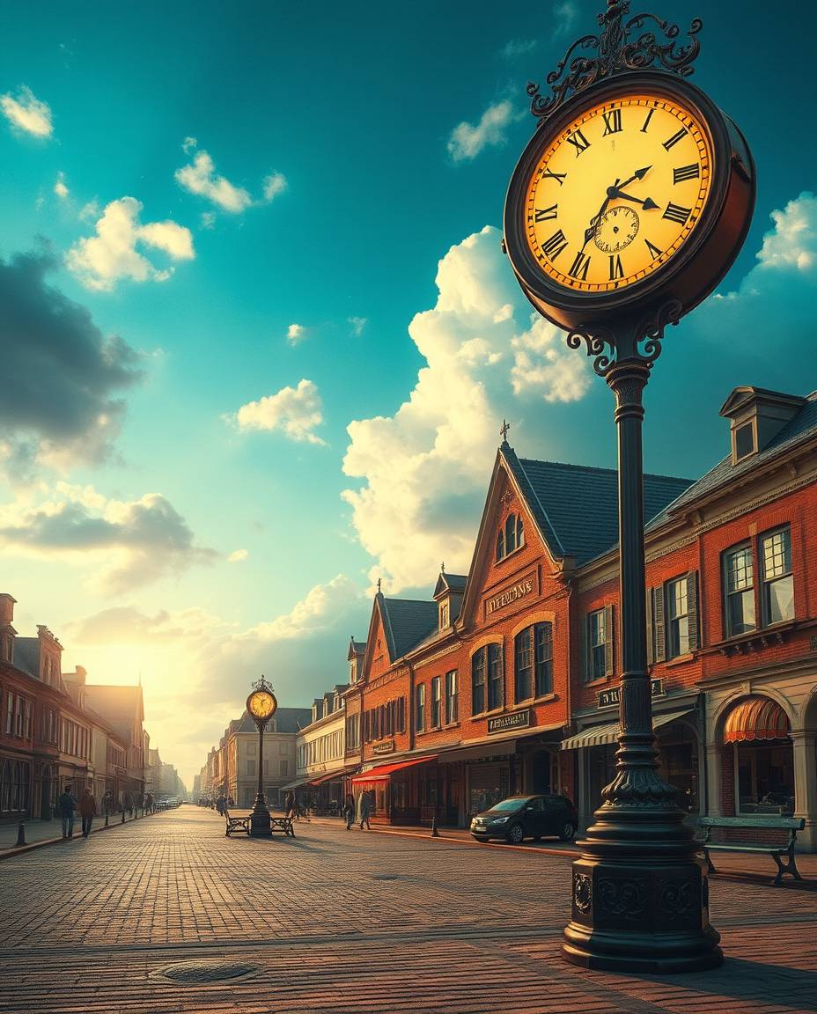 Explore dreamlike surreal imagery featuring an empty town square with ticking clocks, rendered in a cinematic style. The film
