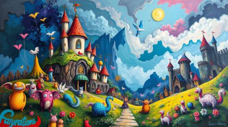 This artwork features a bold and vibrant acrylic painting depicting a fantastical kingdom brimming with quirky magical creatu
