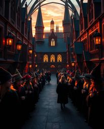 Step into a magical school where young wizards are nurtured under the warm golden hour light, enveloped in rich burgundy and