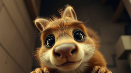 A captivating high-angle shot reveals a sarcastic animal sidekick, its expressive eyes subtly blurred in soft focus.  The ima