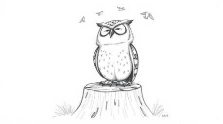 This heartwarming hand-drawn pencil sketch depicts a blind owl, rendered in the style of Pixar animation, radiating joy from 