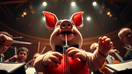 A captivating image showcasing a pig character passionately conducting an orchestra, captured from a dramatic low-angle persp