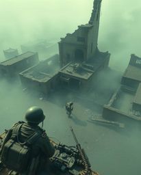 A stunning bird's eye view depicts a battlefield consumed by a soft, cinematic haze. Time-warped soldiers and crumbling build