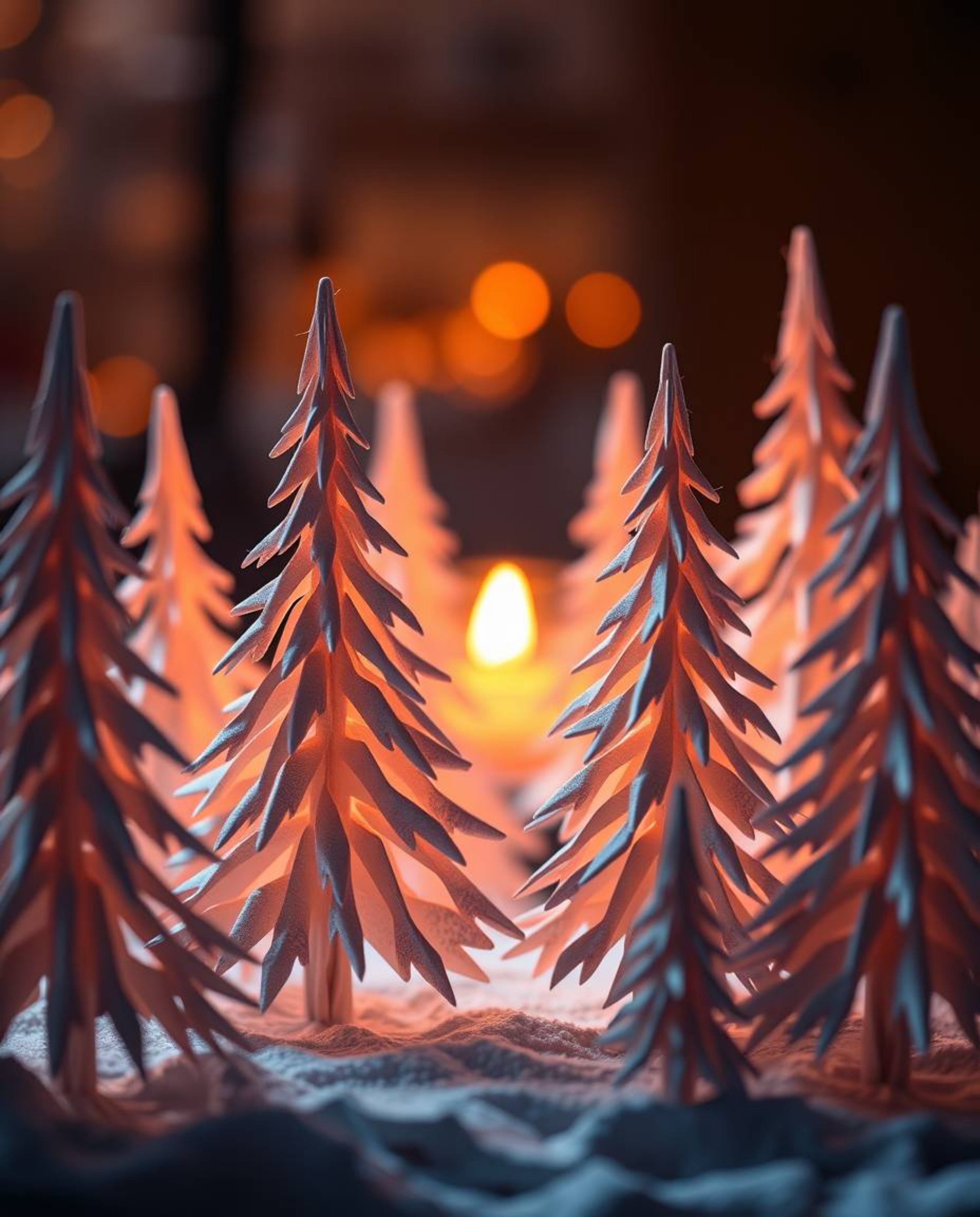 Intricate origami-style snowy pine trees bathed in warm candlelight and sunset glow. Ethereal spiritual vibe, flickering flam