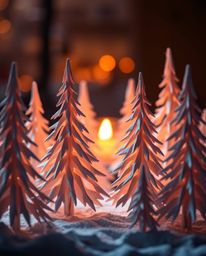 Intricate origami-style snowy pine trees bathed in warm candlelight and sunset glow. Ethereal spiritual vibe, flickering flam
