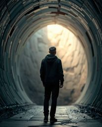 A captivating image depicts a person standing at a tunnel's entrance, their gaze drawn to a mesmerizing light. Rendered in ri