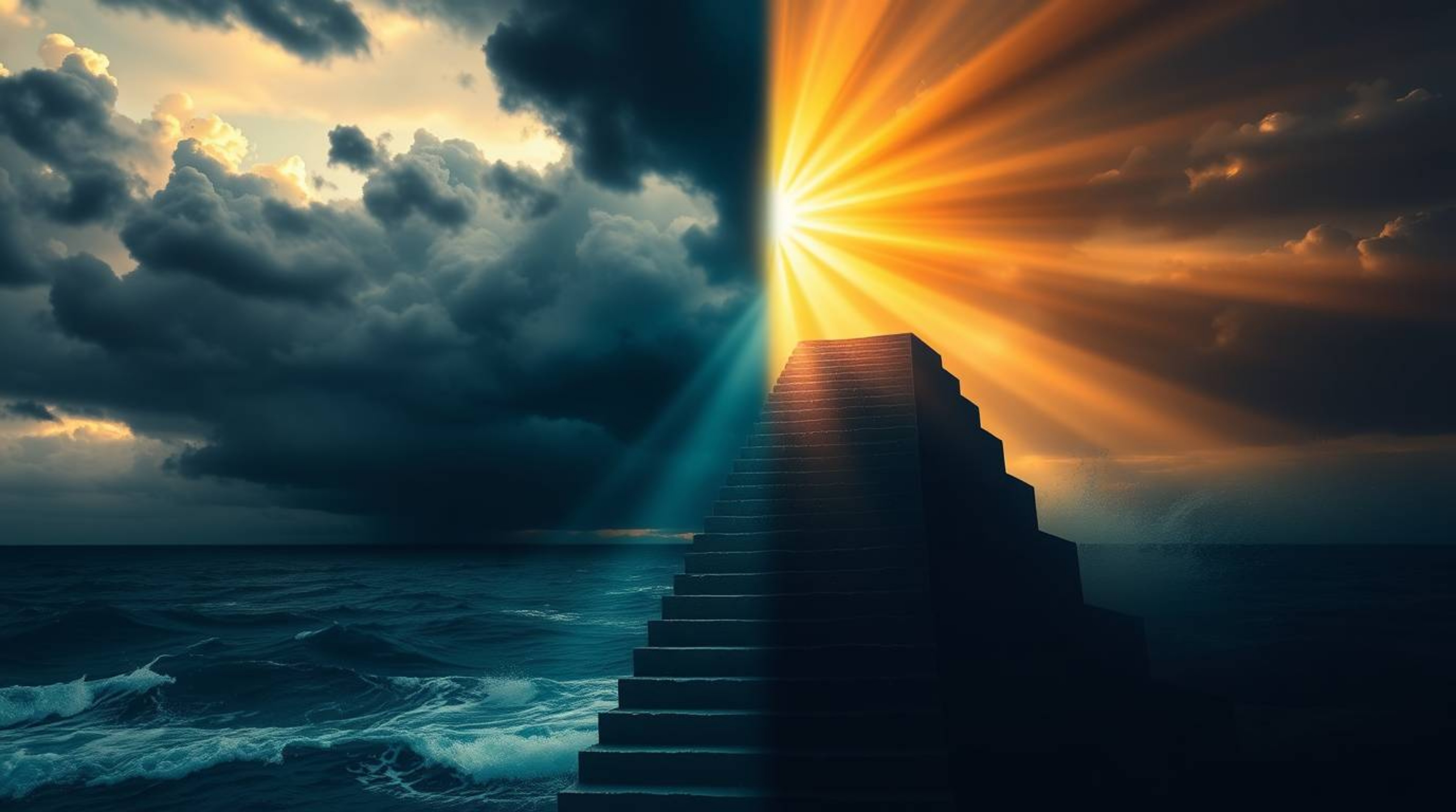 A dramatic and tension-filled scene unfolds with distinct split lighting and high contrast, showcasing a staircase emerging f