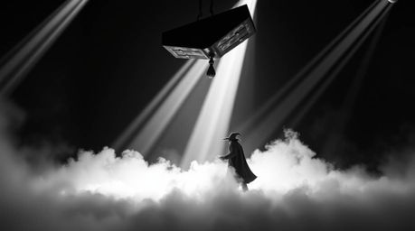 A classic black and white image bathed in dramatic volumetric lighting depicts a tense moment: an anvil poised to drop on a t