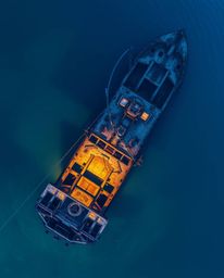 An overhead bird's eye view captures a stunning shipwreck illuminated deep underwater, showcasing a mesmerizing display of ir