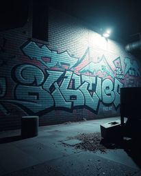 A grand epic scene unfolds with modern future graffiti adorning a brick wall, presented in a strong moody style with lens glo