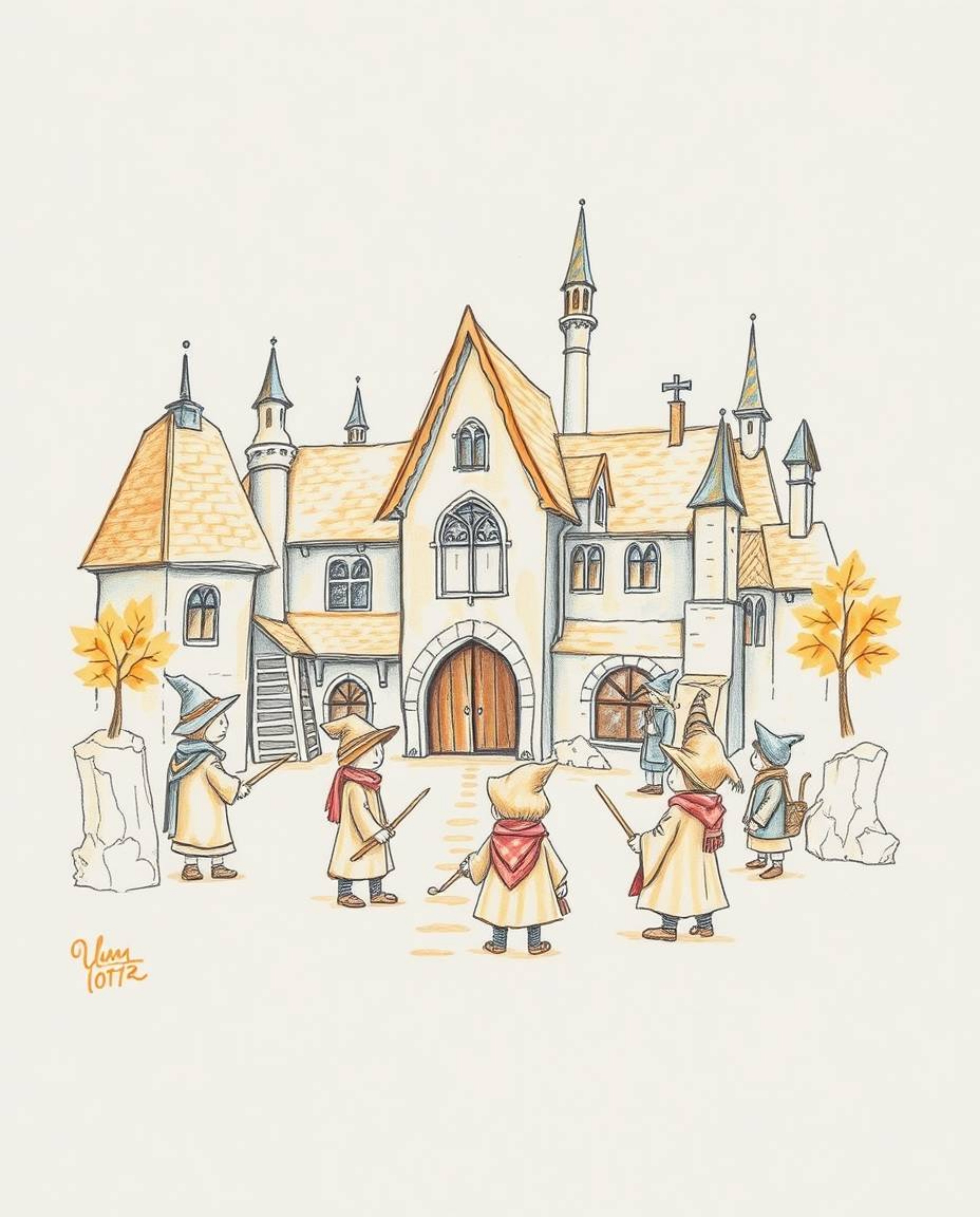 Explore a captivating hand-drawn sketch of a magical school teeming with young wizards. Bathed in warm autumn colors, the art