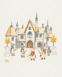 Explore a captivating hand-drawn sketch of a magical school teeming with young wizards. Bathed in warm autumn colors, the art
