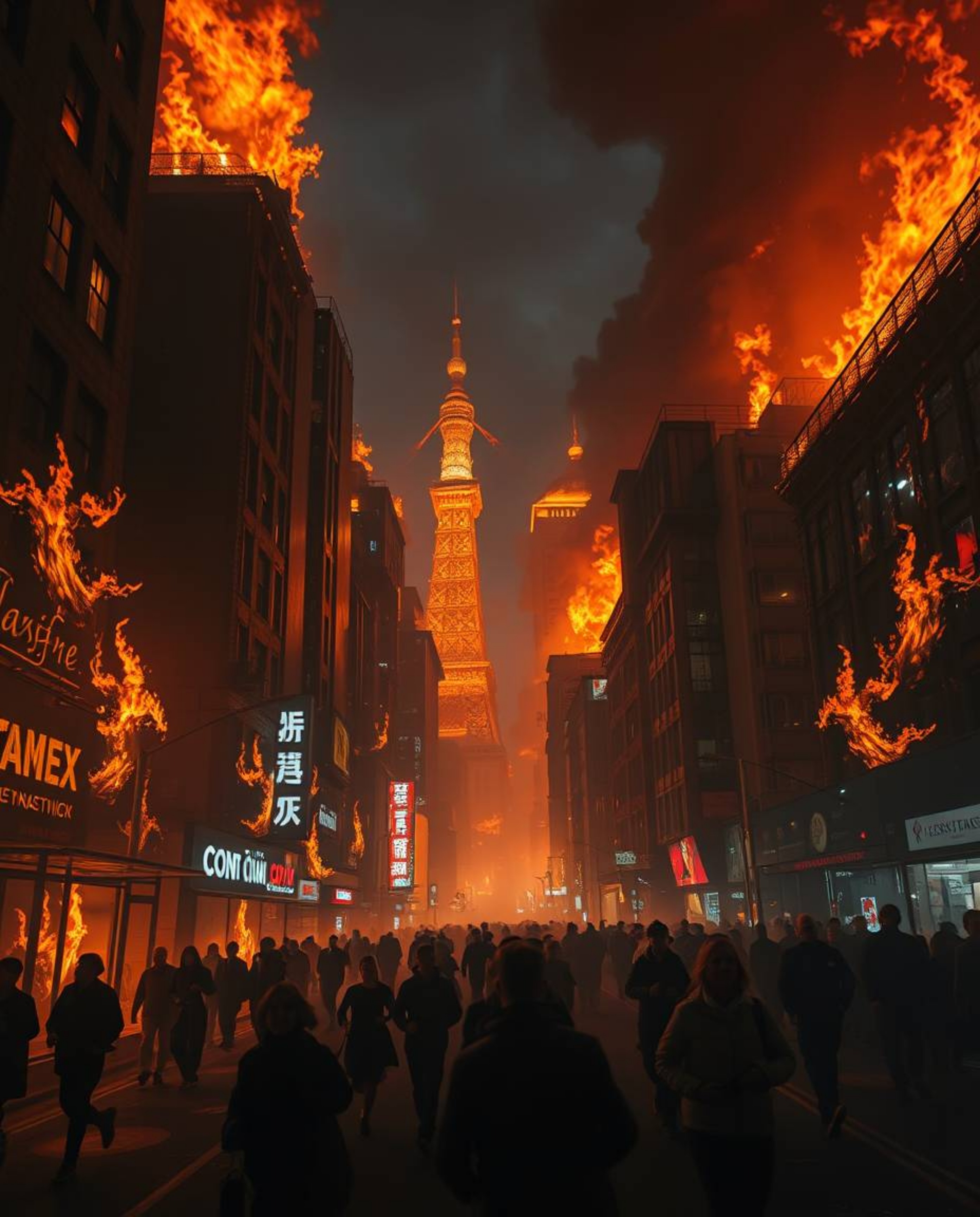 A chilling depiction of a city consumed by flames, capturing the chaos of people fleeing amidst eerie and unsettling details.