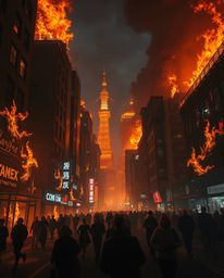 A chilling depiction of a city consumed by flames, capturing the chaos of people fleeing amidst eerie and unsettling details.