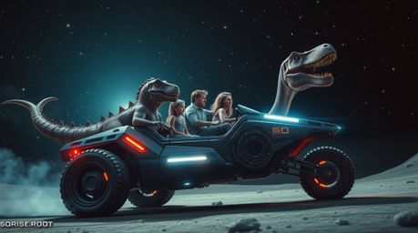 A captivating sci-fi scene depicts a prehistoric family enjoying a thrilling ride in a futuristic dinosaur car against a star