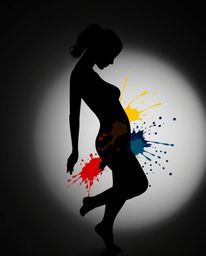 This striking photograph features a graceful human silhouette artfully composed of vibrant, colorful splash patterns. Execute