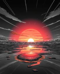 A timeless and elegant, Isekai anime-style illustration captures a sunset sky mirrored in tidal pools on the beach. Primarily