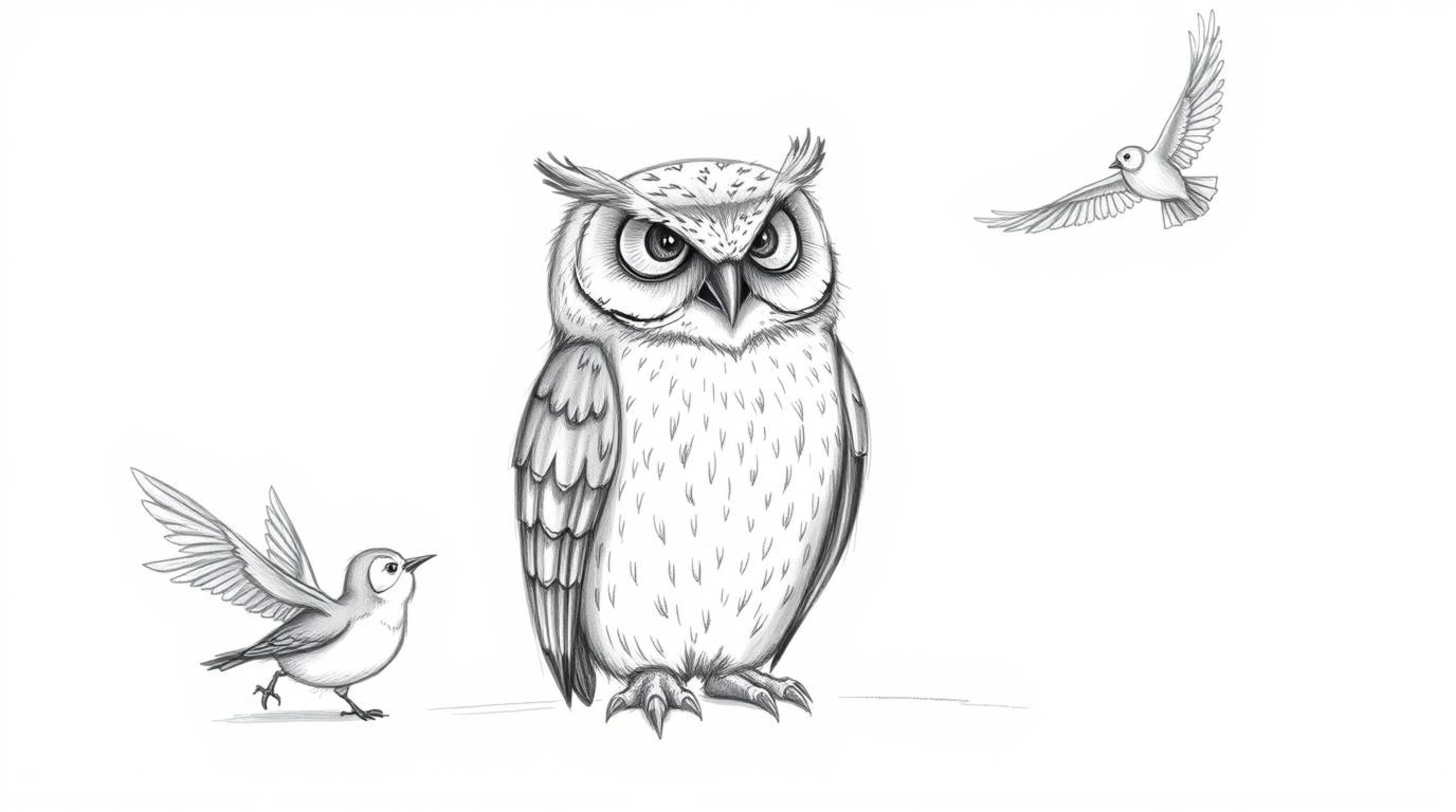 A textured pencil sketch in Pixar style depicts a blind owl, its rough-lined feathers detailed, sitting calmly as young birds