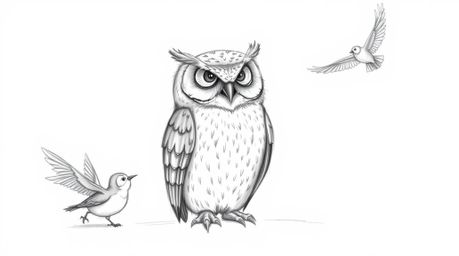 A textured pencil sketch in Pixar style depicts a blind owl, its rough-lined feathers detailed, sitting calmly as young birds