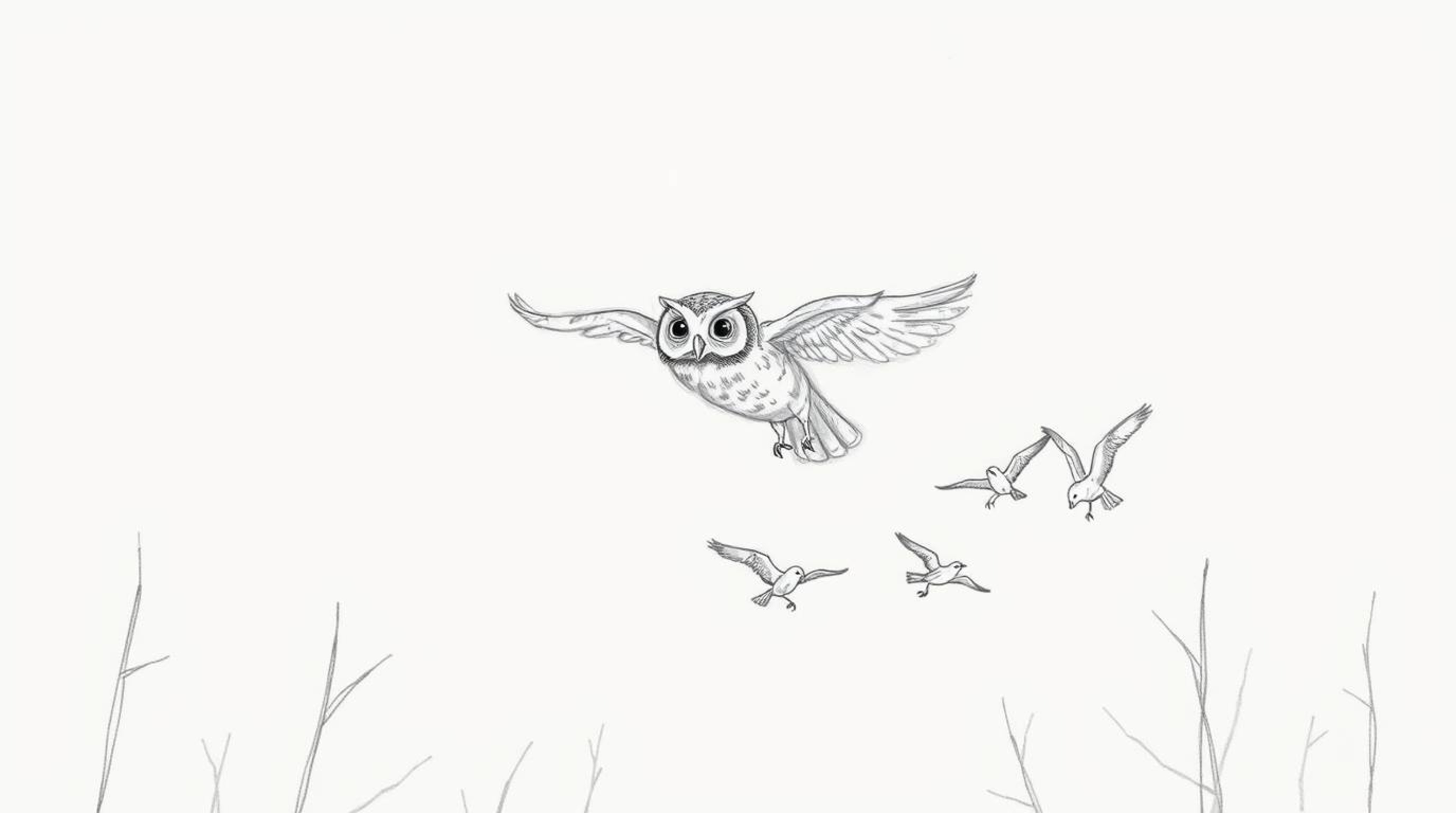 A captivating pencil sketch depicts a blind owl, rendered in the style of Pixar animation, soaring through the trees and teac