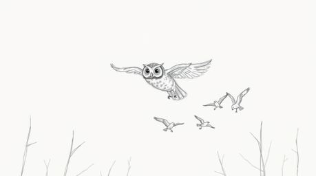 A captivating pencil sketch depicts a blind owl, rendered in the style of Pixar animation, soaring through the trees and teac