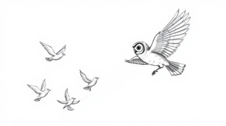 A heartwarming hand-drawn sketch in the style of Pixar depicts a blind owl in mid-flight, inspiring several birds to take to 