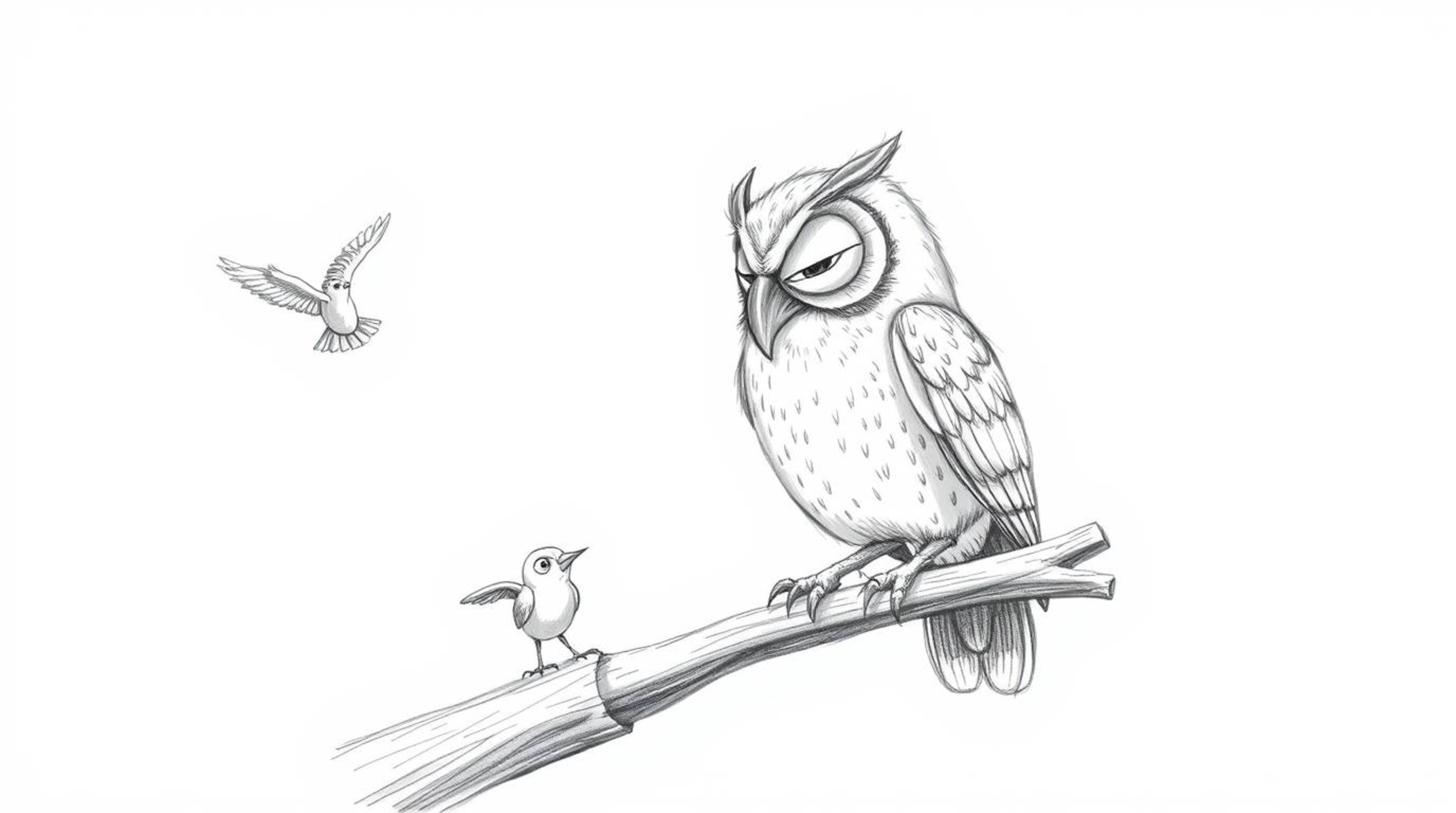 A heartwarming Pixar-style sketch depicts a blind owl, meticulously rendered with textured pencil strokes, perched on a hollo