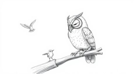 A heartwarming Pixar-style sketch depicts a blind owl, meticulously rendered with textured pencil strokes, perched on a hollo