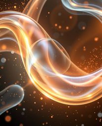 This abstract digital light art piece showcases glassy fluid 3D shapes in constant motion, beautifully surrounded by glowing 
