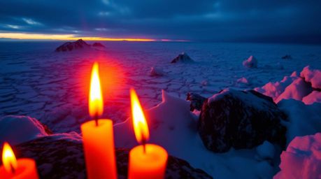 Experience the serene beauty of a high-angle sunset over icy glaciers in the polar region.  Warm candlelight illuminates the 