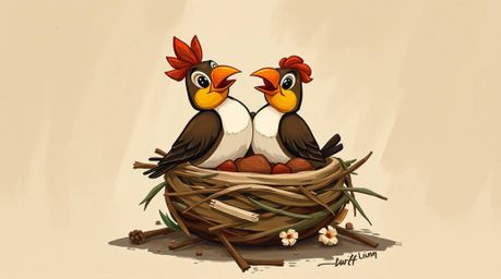 A vibrant acrylic painting showcasing two cartoon birds diligently building their nest, rendered in a classic animation style