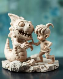 A captivating clay sculpture depicts an unlikely friendship between a sea creature and a child.  The artwork features dynamic