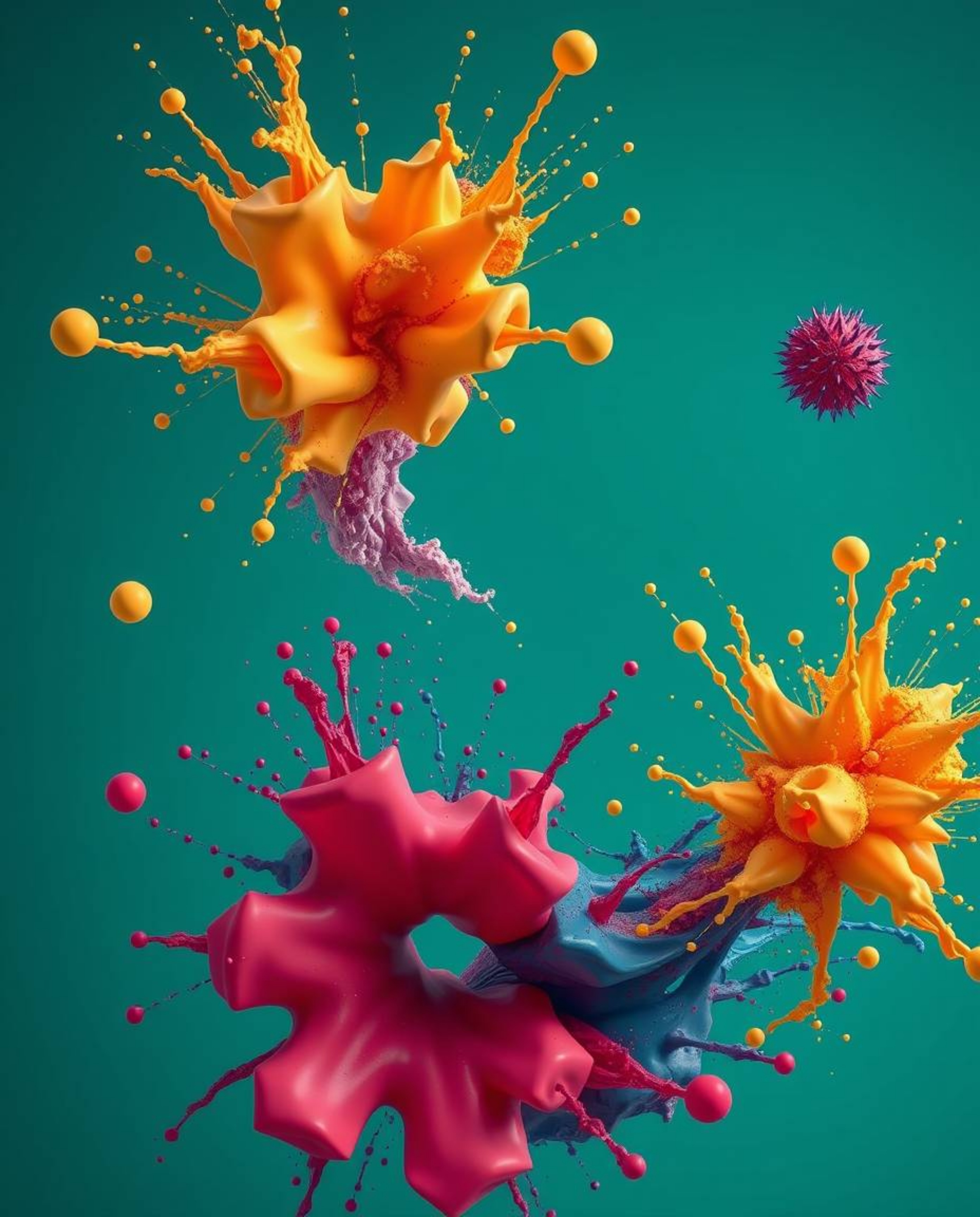 Explore a captivating abstract digital art piece featuring rich teal hues and vibrant colorful splash shapes floating in spac