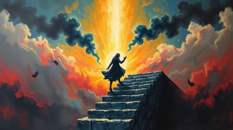 Experience the unsettling beauty of this bold acrylic painting, depicting a lone figure energetically ascending a stone stair
