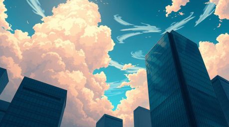 A rich, deep teal Isekai anime style artwork depicting a modern glass building seamlessly dissolving into a sky of soft cloud