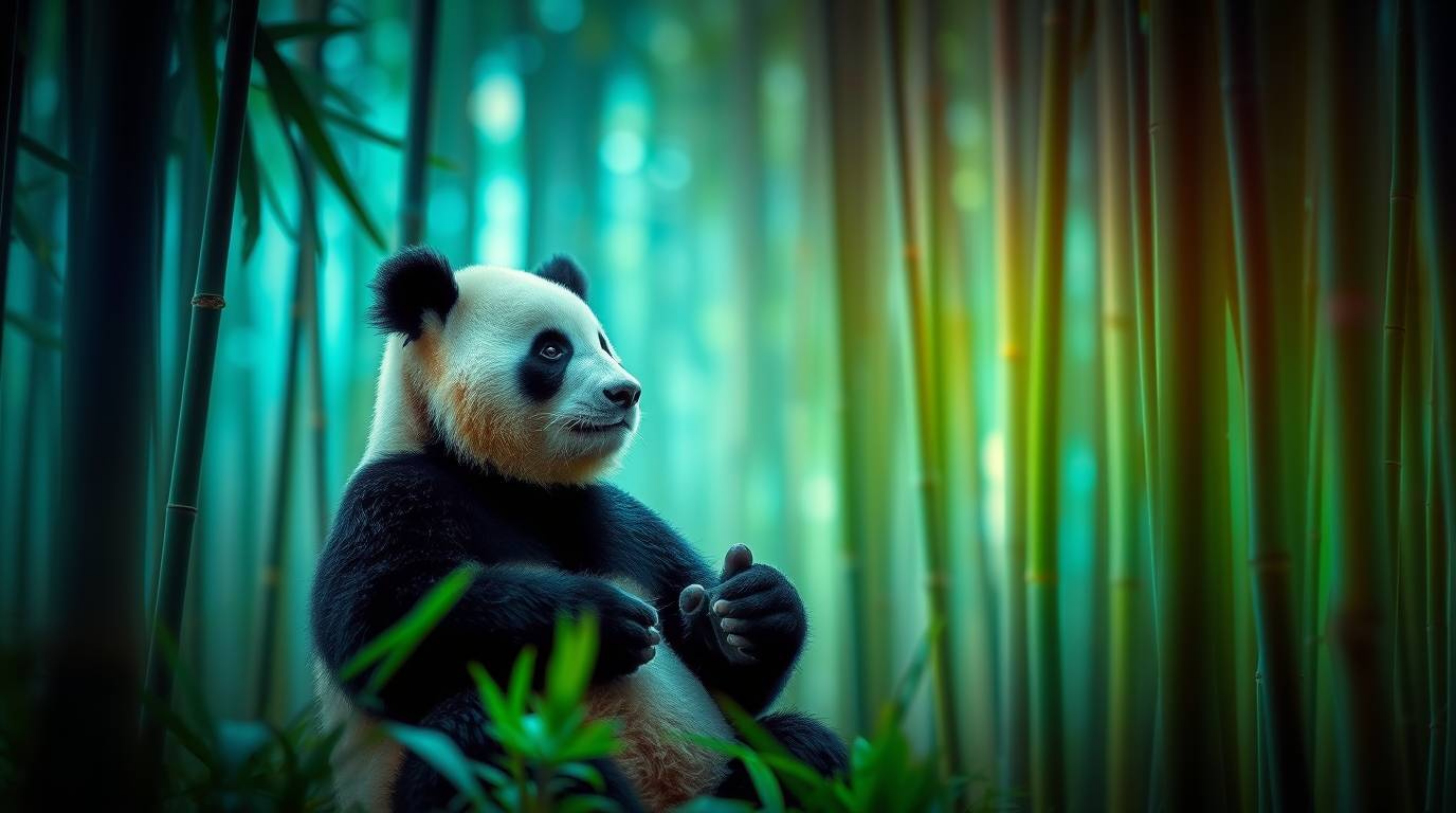 Discover stunning fine art photography featuring a martial artist panda meditating serenely within a bamboo forest.  The imag