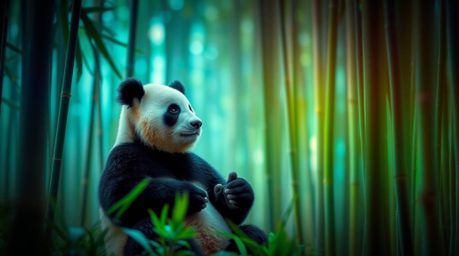 Discover stunning fine art photography featuring a martial artist panda meditating serenely within a bamboo forest.  The imag