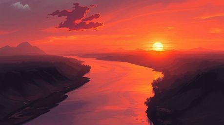 Experience the breathtaking beauty of a winding river bathed in the warm glow of a dramatic orange-pink sunset. This scene, r