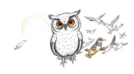 A heartwarming hand-drawn sketch in the style of Pixar, depicting a wise blind owl with soft, feathery textures leading a div