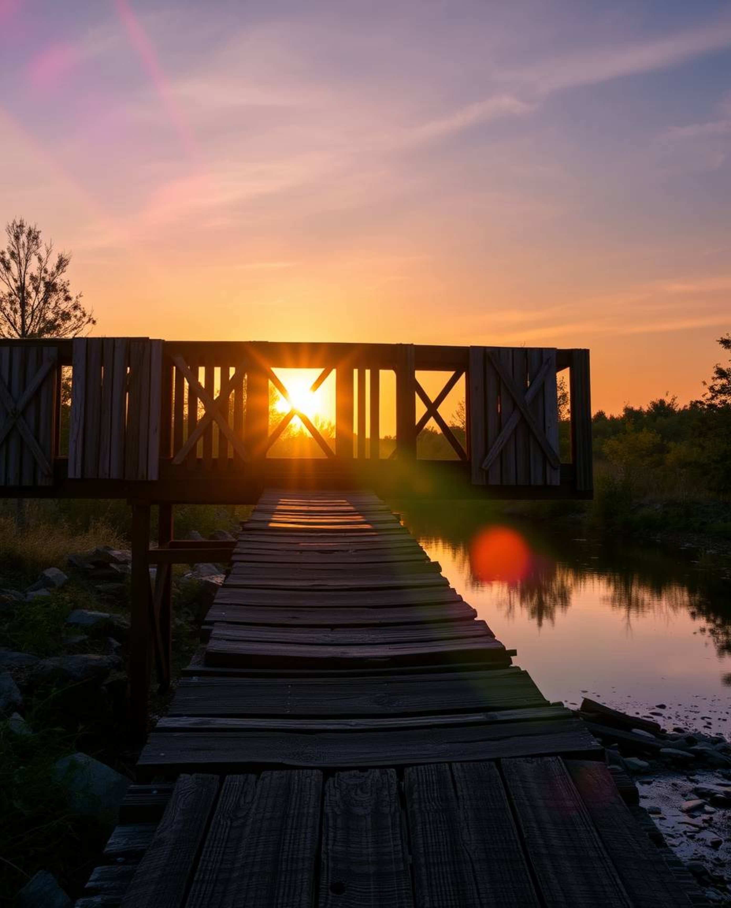 A photograph of an old wooden bridge over a river at sunset, distinguished by a bright lens flare. The image features smooth 